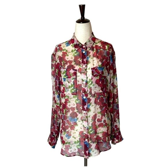 Equipment‎ Ivory And Red Floral Print Silk Long Sleeve Button Down Top Size XS - Picture 1 of 12